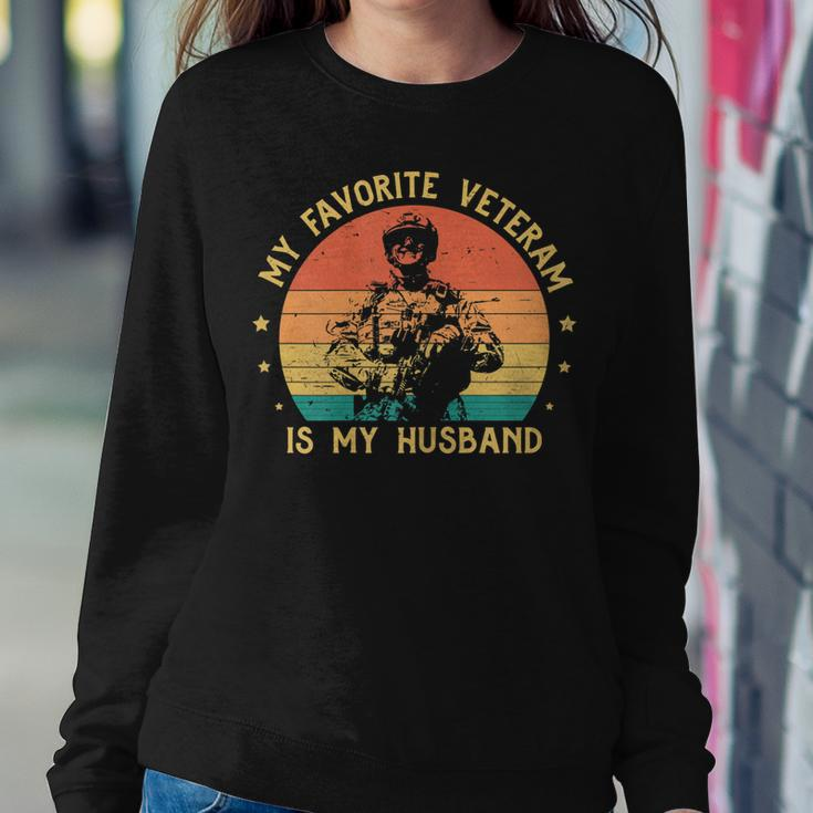 Womens Veteran Wife My Favorite Veteran Is My Husband Veterans Day Women Crewneck Graphic Sweatshirt Funny Gifts