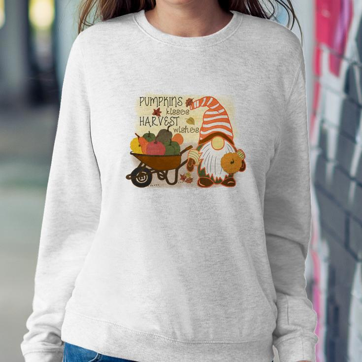 Funny Fall Gnomes Pumpkin Kisses And Harvest Wishes Women Crewneck Graphic Sweatshirt Personalized Gifts