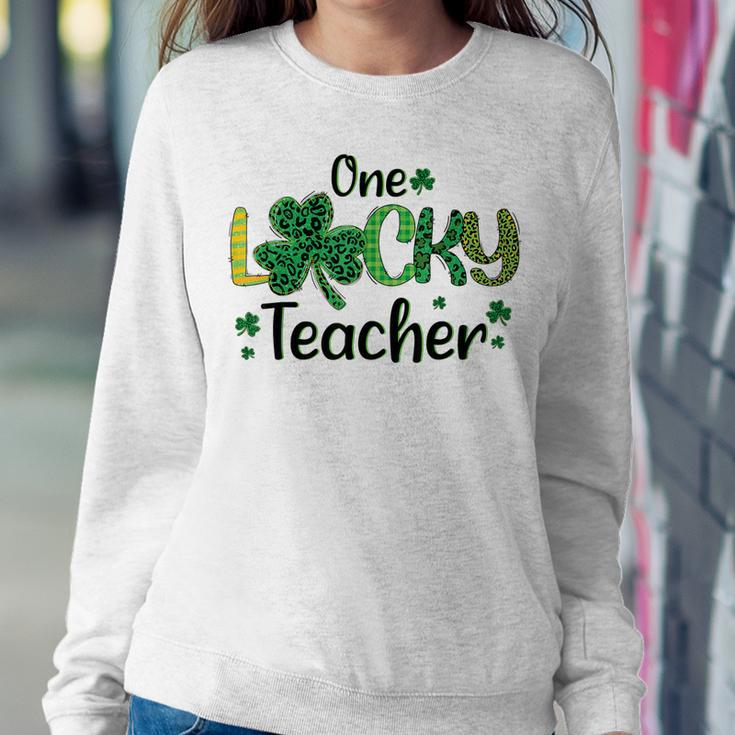 Green Leopard Shamrock One Lucky Teacher St Patricks Day Women Crewneck Graphic Sweatshirt Personalized Gifts