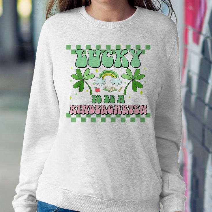 Lucky To Be A Kindergarten Teacher Groovy St Patricks Day Women Crewneck Graphic Sweatshirt Funny Gifts