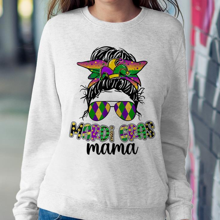 Mardi Gras Mama Messy Bun Hair Glasses New Orleans Carnival Women Crewneck Graphic Sweatshirt Funny Gifts