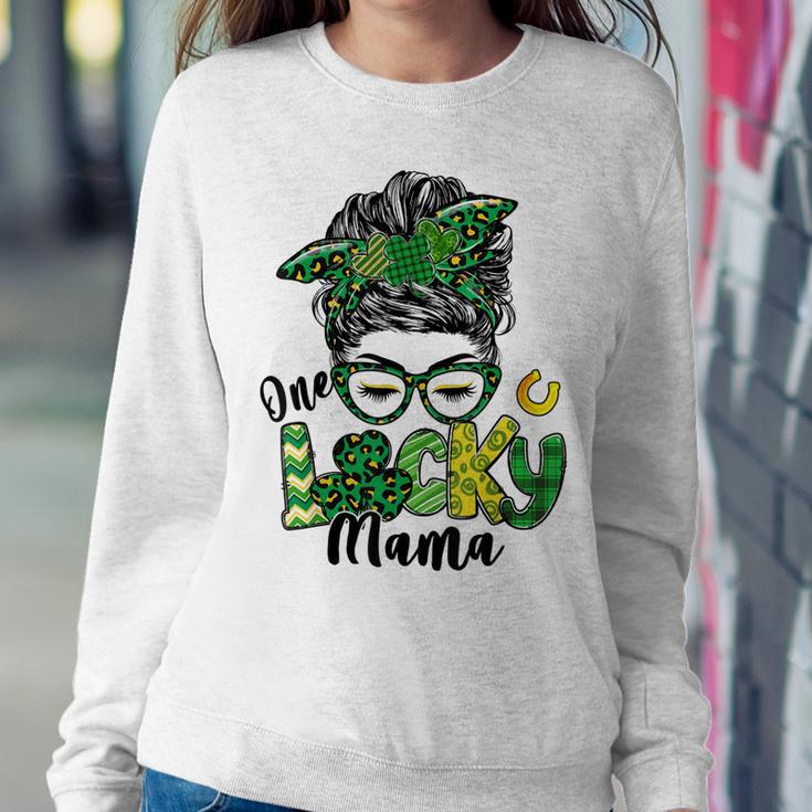 One Lucky Mama St Patricks Day Messy Bun Leopard Bandana Women Crewneck Graphic Sweatshirt Funny Gifts