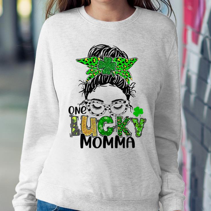 One Lucky Momma Messy Bun Mom Shamrock St Patricks Day Women Crewneck Graphic Sweatshirt Personalized Gifts