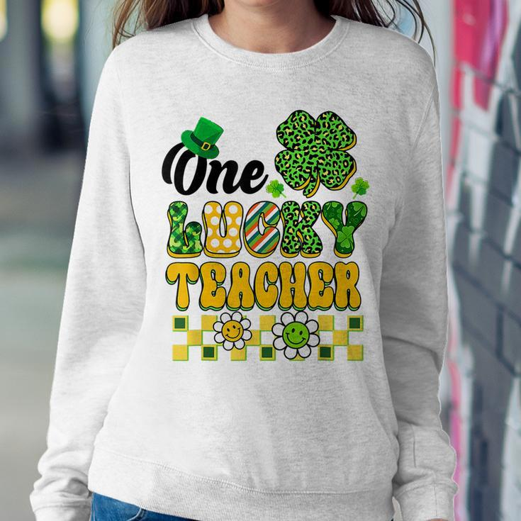 One Lucky Teacher Groovy Shamrock Happy St Patricks Day Women Crewneck Graphic Sweatshirt Funny Gifts