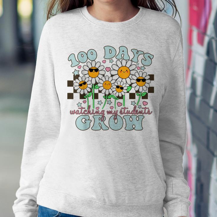 Retro Groovy 100 Days Of Watching My Students Grow Teacher Women Crewneck Graphic Sweatshirt Funny Gifts
