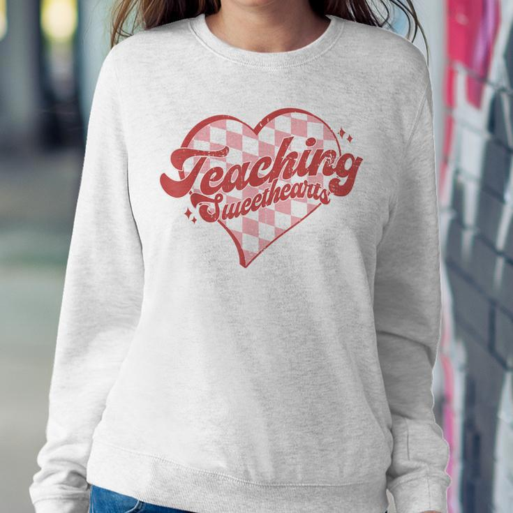 Teaching Sweethearts Checkered Heart Valentines Day Teacher Women Crewneck Graphic Sweatshirt Funny Gifts