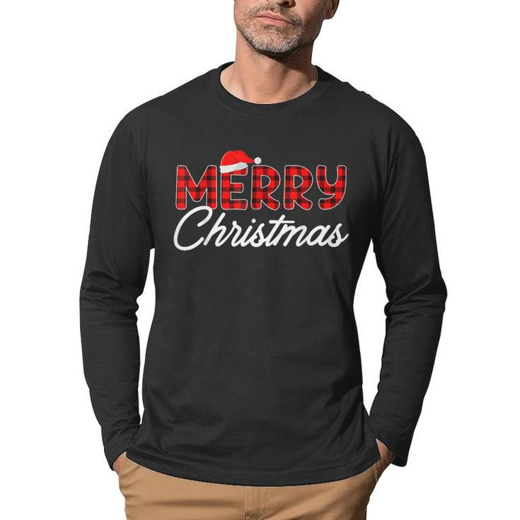Merry Christmas Buffalo Plaid Red Santa Hat Xmas Pajamas  V2 Men Graphic Long Sleeve T-shirt