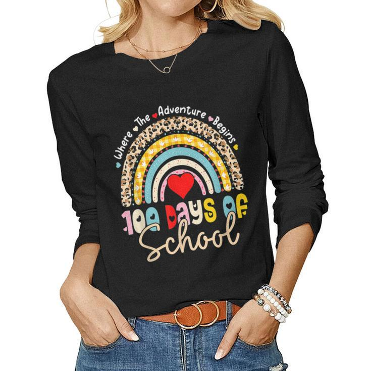 100 Days Of School Teacher 100 Days Smarter Rainbow Leopard  V3 Women Graphic Long Sleeve T-shirt