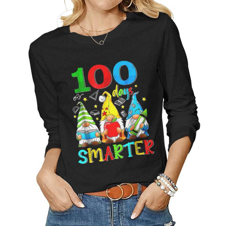100 Days Smarter Cute Gnome Gift Teacher 100 Days Of School  Women Graphic Long Sleeve T-shirt