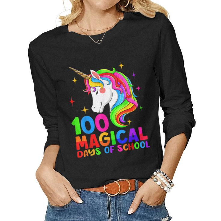 100 Magical Days Of School Unicorn Teacher Students Girls Women Graphic Long Sleeve T-shirt