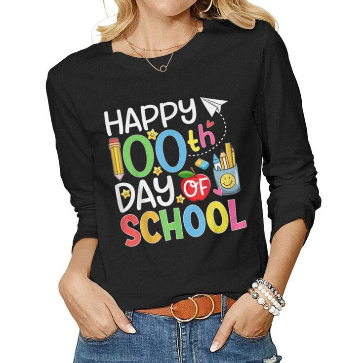 100Th Day Of School Teachers Students Kids Happy 100 Days Women Graphic Long Sleeve T-shirt