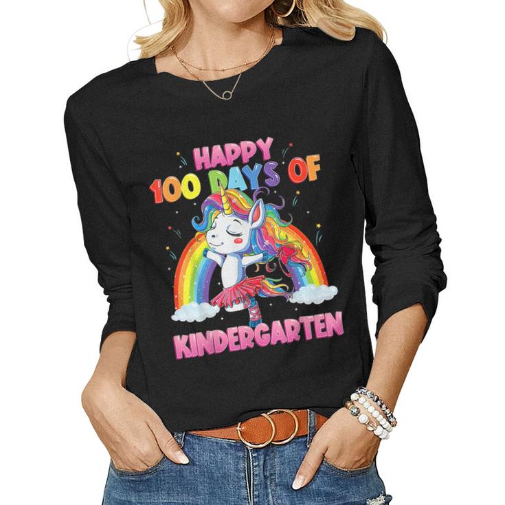 Unicorn Dancing Rainbow 100 Days Of Kindergarten Kids Girls  Women Graphic Long Sleeve T-shirt
