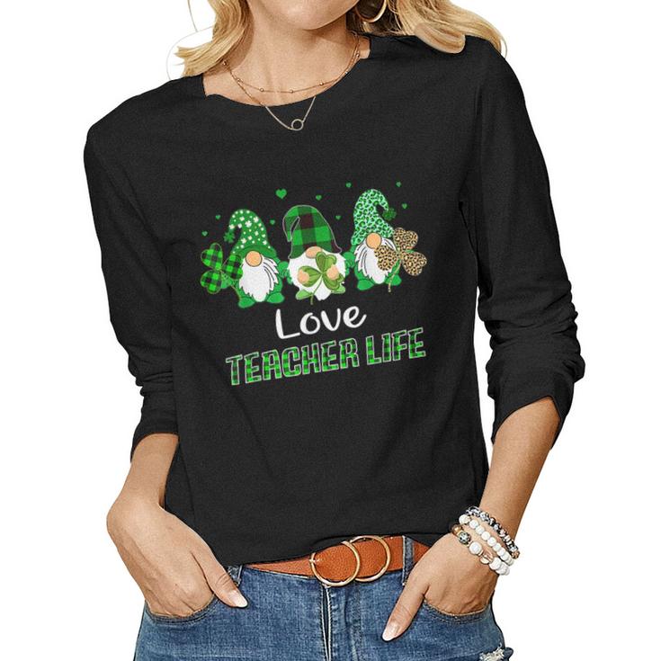 Love Teacher Life Gnome Leopard Shamrock Saint Patricks Day  Women Graphic Long Sleeve T-shirt