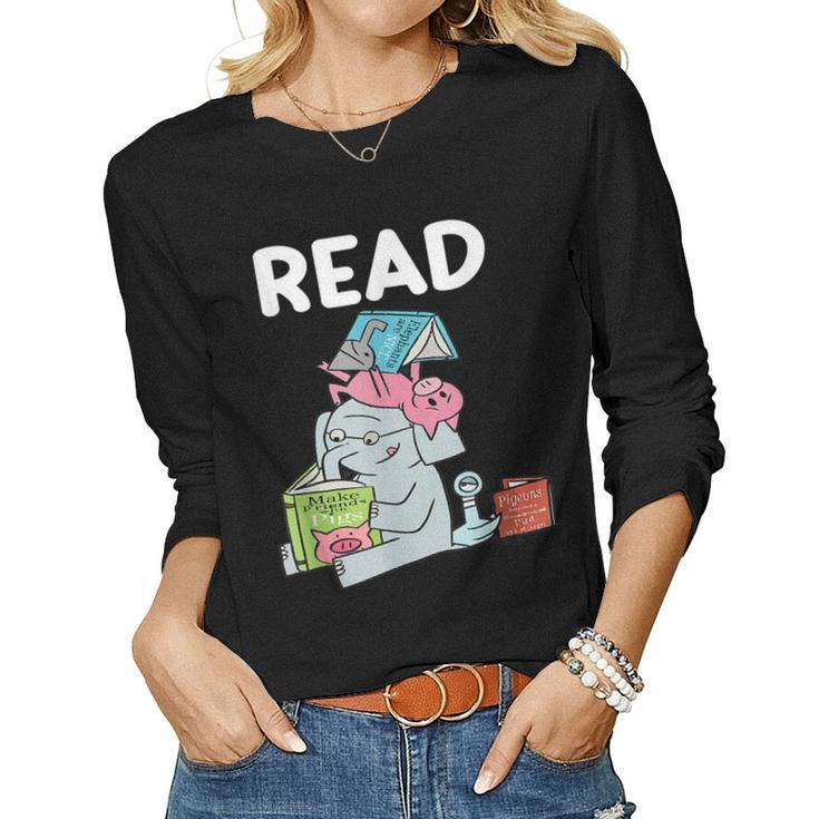 Funny Teacher Library Read Book Club Piggie Elephant Pigeons  V6 Women Graphic Long Sleeve T-shirt