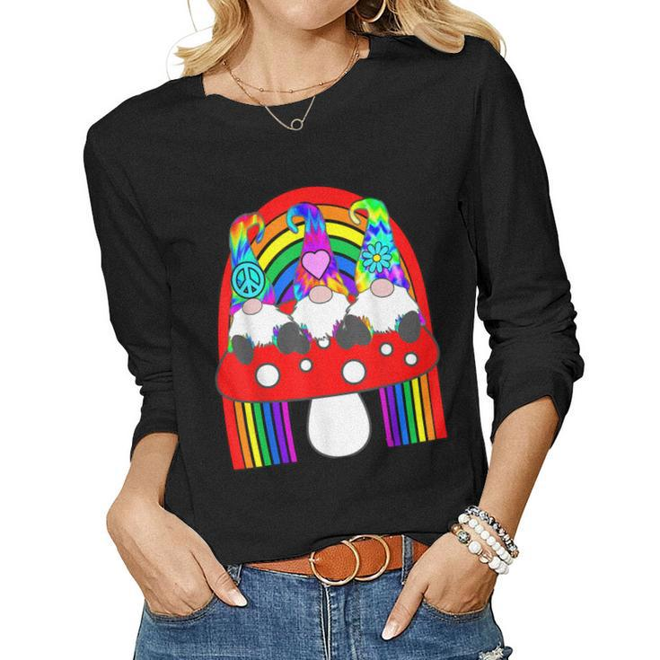 3 Hippie Gnomes On Mushroom Under Rainbow Whimsical Women Long Sleeve T-shirt