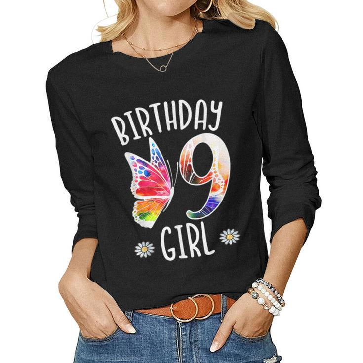 9Th Birthday Girl Butterflies 9 Years Old Girls Butterfly Women Long Sleeve T-shirt
