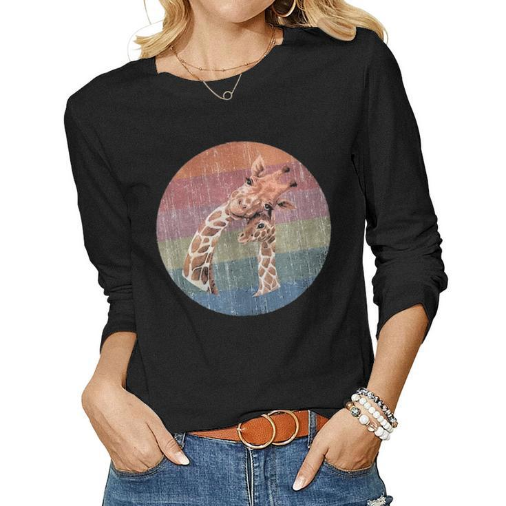 African Giraffe Mom And Baby Watercolor On Distressed Sunset Women Graphic Long Sleeve T-shirt