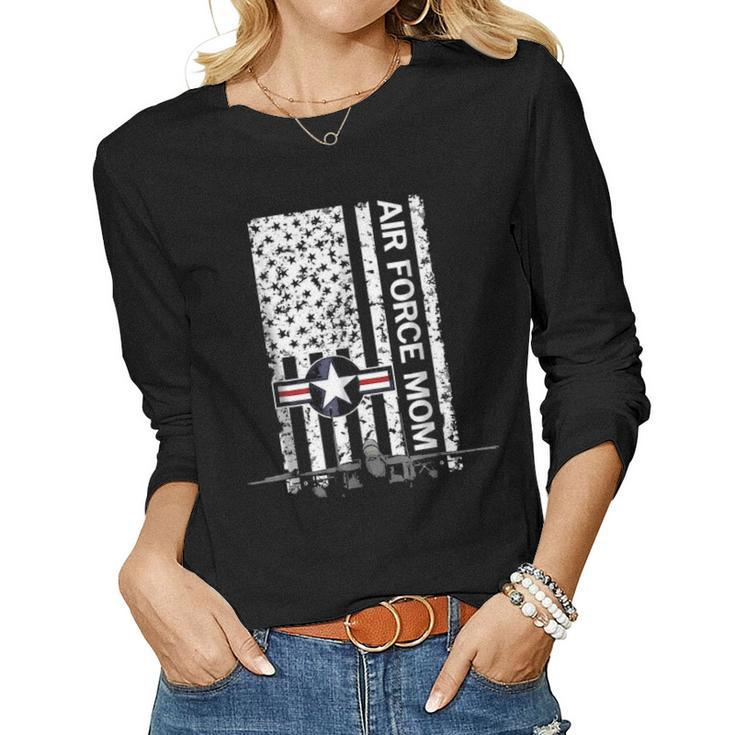 Air Force Mom Flag With F15 Jet Grunge Women Graphic Long Sleeve T-shirt