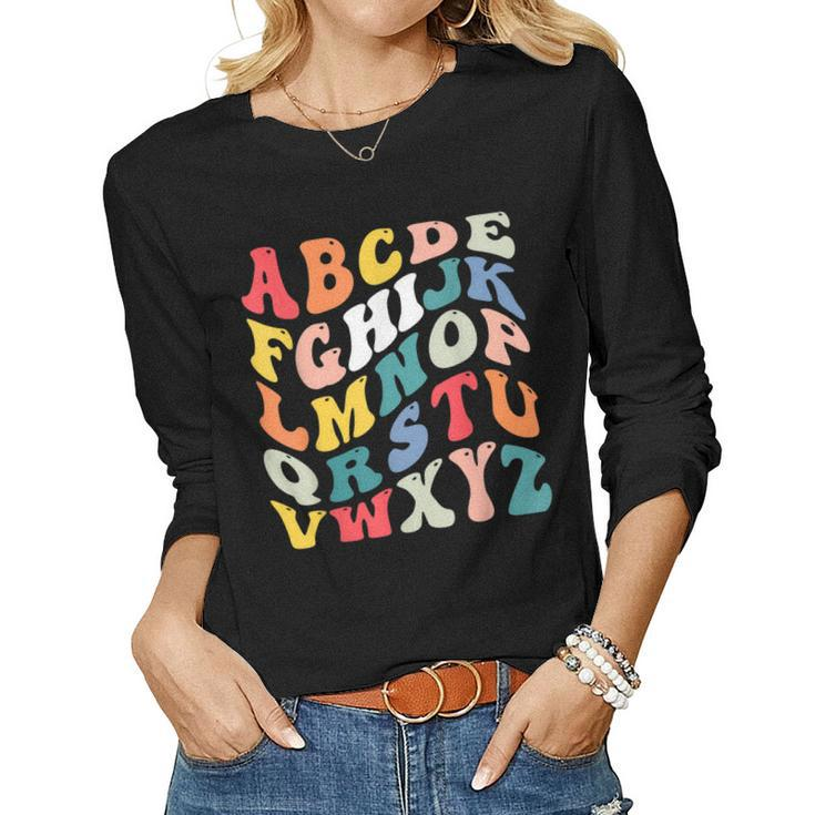 Alphabet Hi Back To School Abc Pre K Kindergarten Teacher  Women Graphic Long Sleeve T-shirt