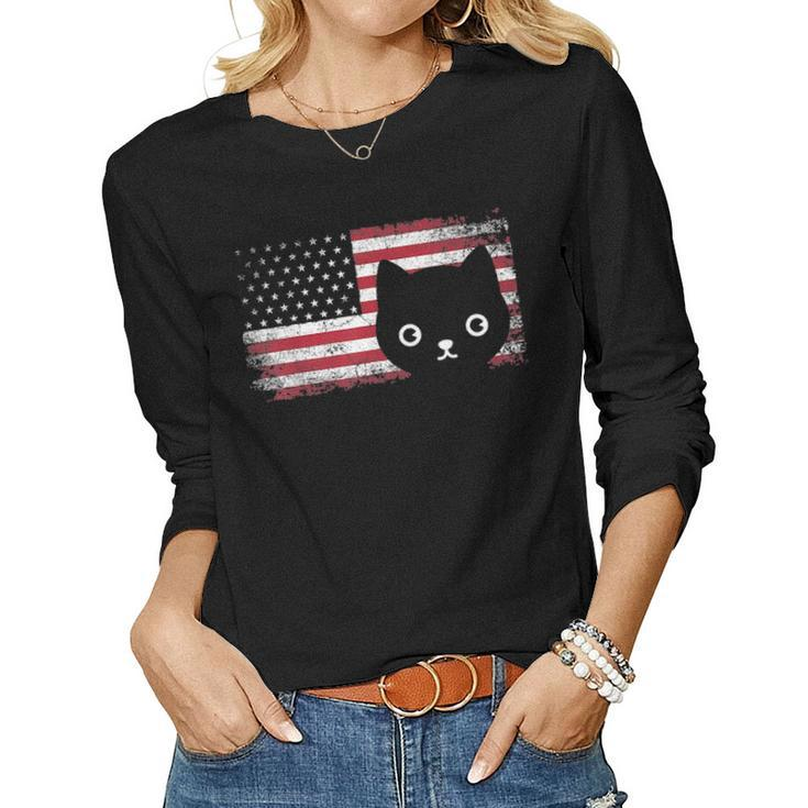 American Flag Cat Lover Meowica July 4Th Usa Fur Mom Dad V2 Women Graphic Long Sleeve T-shirt