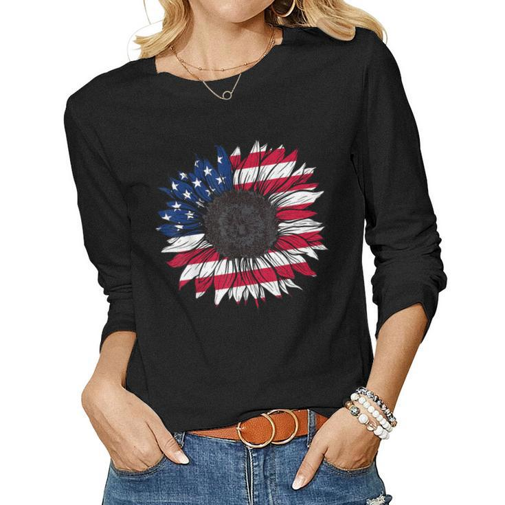 American Flag Sunflower 4Th Of July Independence Usa Day  Women Graphic Long Sleeve T-shirt