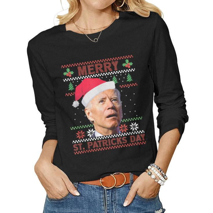 Anti Biden Merry St Patricks Day Ugly Christmas Sweater  Women Graphic Long Sleeve T-shirt