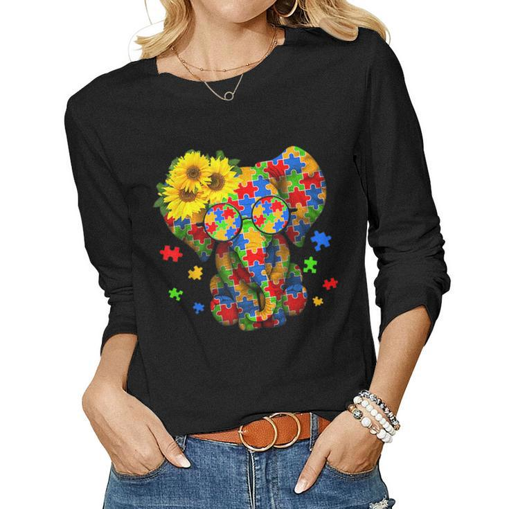 Autism Awareness Elephant Be Kind Puzzle Piece Girls Mom  Women Graphic Long Sleeve T-shirt