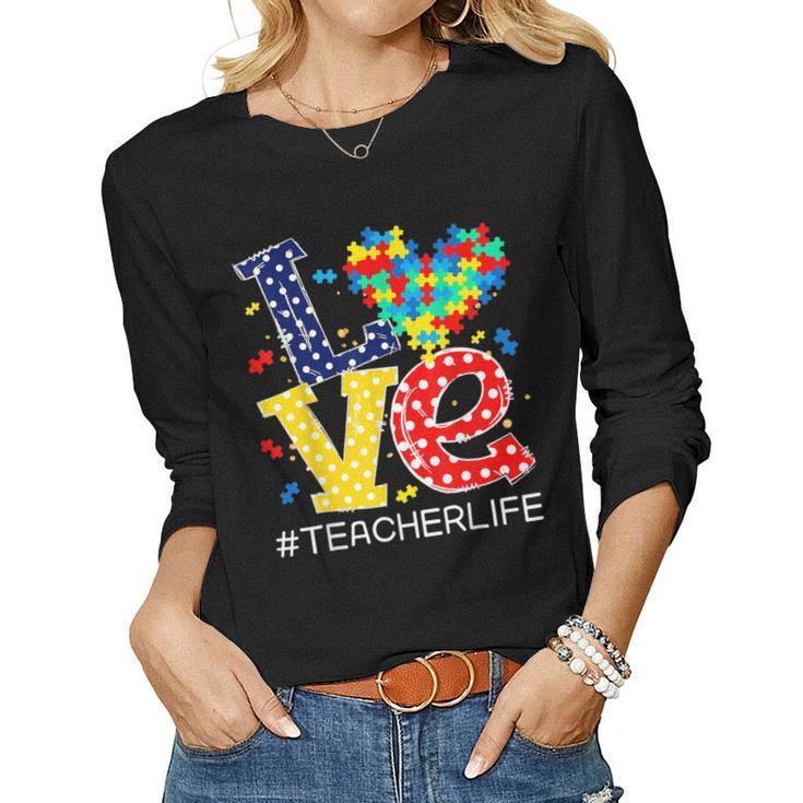 Autism Awareness Month Love Heart Puzzle Piece Teacher Life  Women Graphic Long Sleeve T-shirt