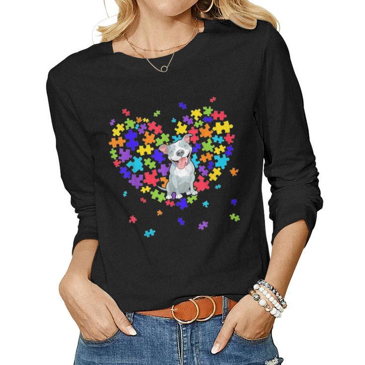 Autism Awareness Pitbull Cute Heart Dog Dad Mom Gift Women Graphic Long Sleeve T-shirt
