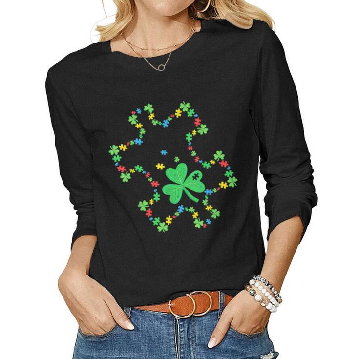 Autism Awareness Rainbow Puzzle Shamrock St Patricks Day  Women Graphic Long Sleeve T-shirt