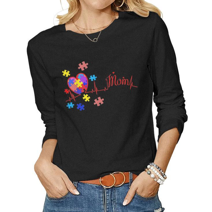 Autism Mom Puzzle Piece Heartbeat Autism Awareness Gifts Women Graphic Long Sleeve T-shirt
