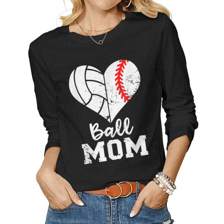 Ball Mom Heart Baseball Volleyball Mom Women Long Sleeve T-shirt
