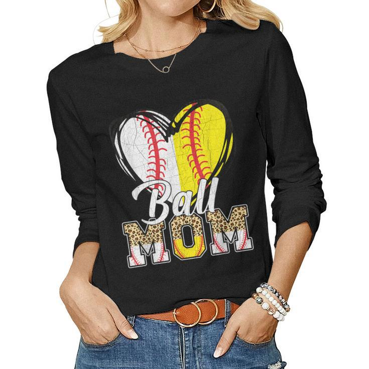 Baseball Softball  Vintage Ball Mom Leopard Women Gift  Women Graphic Long Sleeve T-shirt