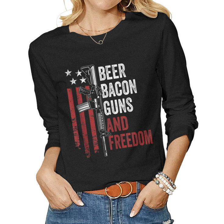 Beer Bacon Guns & Freedom - Funny Bbq Gun Usa Flag Drinking  Women Graphic Long Sleeve T-shirt