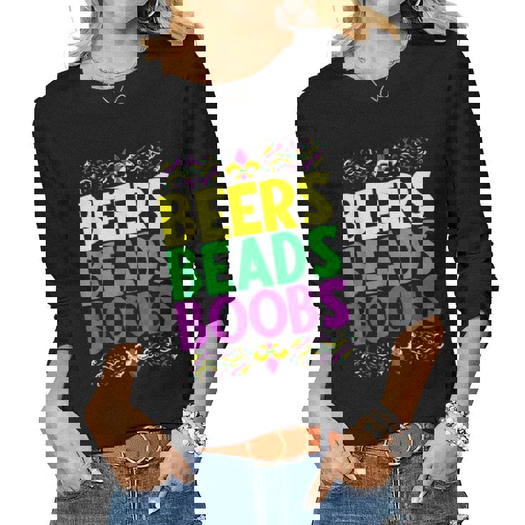 Beers Beads Boobs Mardi Gras Celebration Carnival Costume Women Graphic Long Sleeve T-shirt
