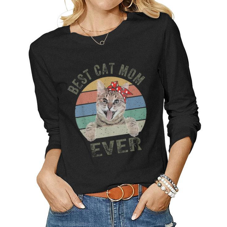 Best Cat Mom Ever  Cat Retro Vintage Mothers Day Gifts Women Graphic Long Sleeve T-shirt