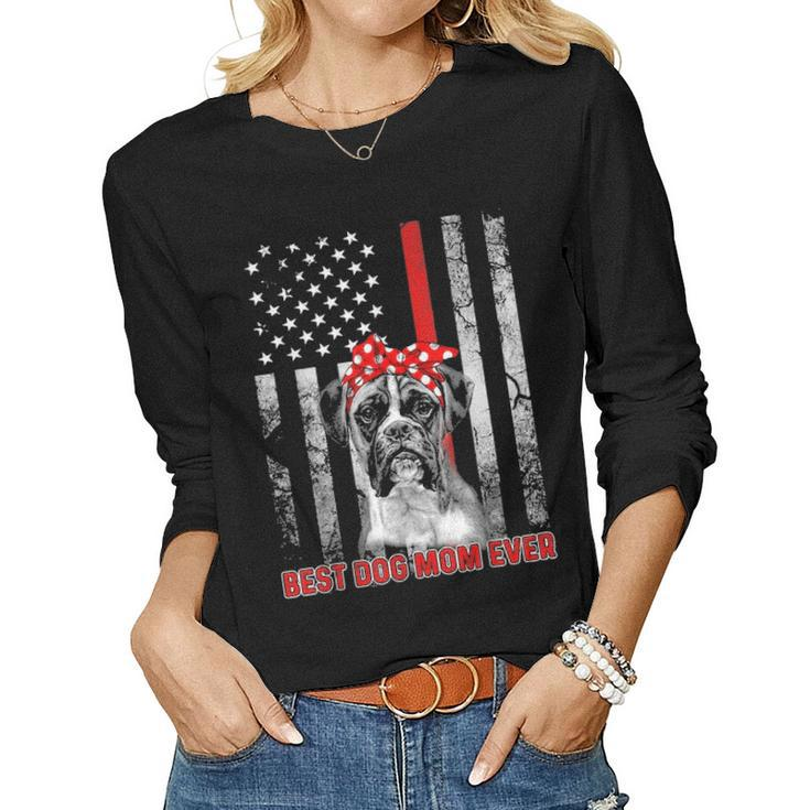 Best Dog Mom Ever Boxer  Dog Mom Usa Flag Patriotic Women Graphic Long Sleeve T-shirt