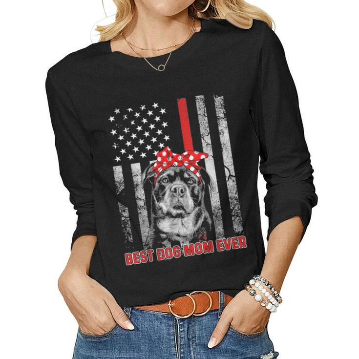 Best Dog Mom Ever Rottweiler Dog Mom Usa Flag Patriotic Women Graphic Long Sleeve T-shirt