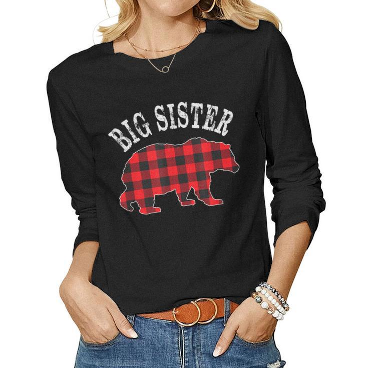 Big Sister Bear Red Black Buffalo Plaid Mama Check Pattern Women Long Sleeve T-shirt