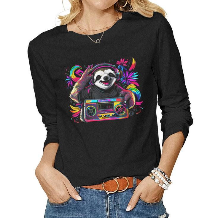 Boombox Radio Old School Hip Hop Rap Cassette Sloth Lazy Women Long Sleeve T-shirt