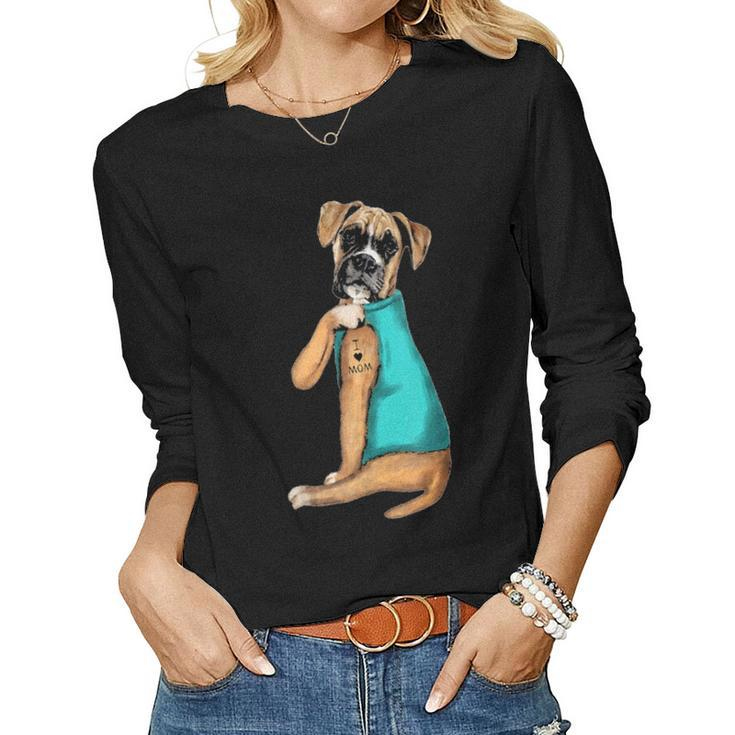 Boxer Tattoos I Love Mom Sitting Gift Mothers Day Women Graphic Long Sleeve T-shirt