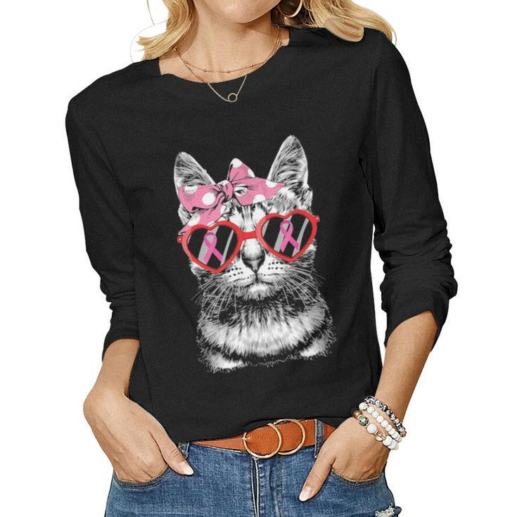 Breast Cancer Awareness Cat Mom Costume Pink Ribbon Gifts Women Graphic Long Sleeve T-shirt