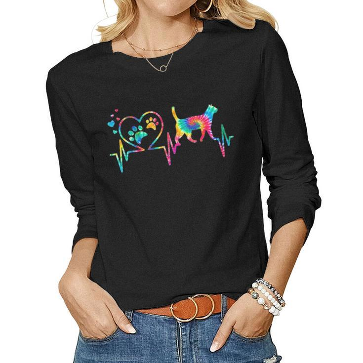 Cat Mom Mama Dad Heartbeat Tie Dye Dog Heart Meow Gift V2 Women Graphic Long Sleeve T-shirt