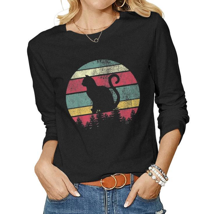 Cat Retro Style Vintage Fur Mom Dad Distressed Animal Gift Women Graphic Long Sleeve T-shirt