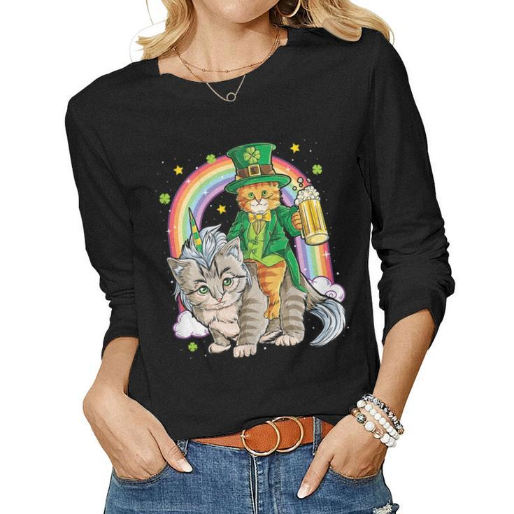 Cat St Patricks Day Leprechaun Riding Unicorn Women Men Beer Tank Top Women Long Sleeve T-shirt