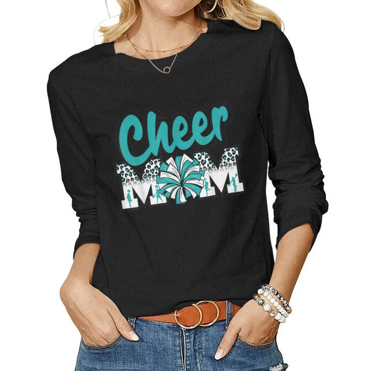 Cheer Mom Teal Leopard Letters Cheer Pom Poms Women Long Sleeve T-shirt