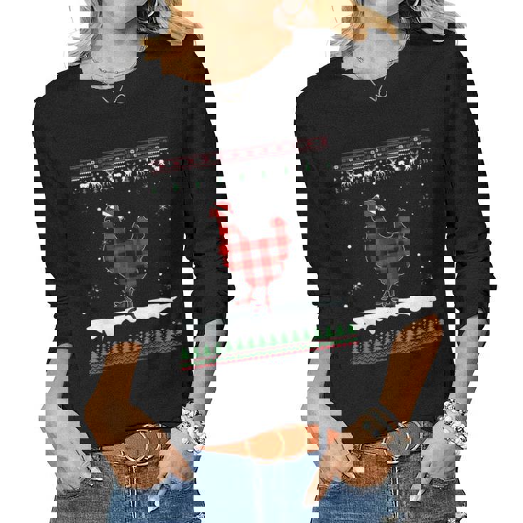 Chicken Christmas Pajama Red Plaid Family Ugly Christmas Women Long Sleeve T-shirt