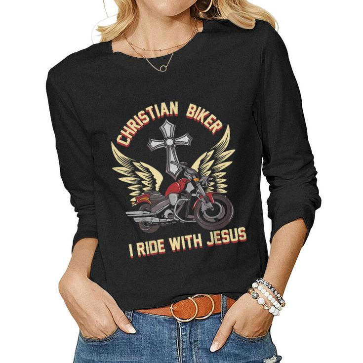 Christian Biker I Ride With Jesus Motorcycle Rider Women Long Sleeve T-shirt