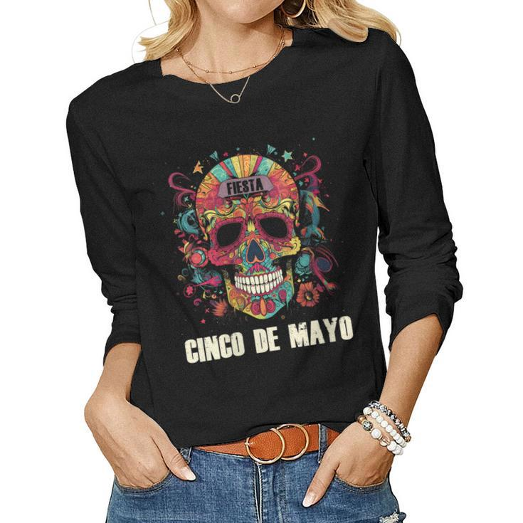 Womens Cinco De Mayo Day Of Dead Sugar Skull Skeleton Floral Skull Women Long Sleeve T-shirt