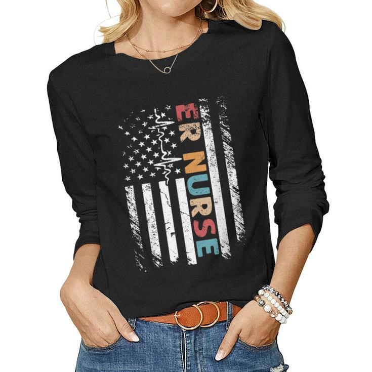 Classic Distressed Flag Gift For Emergency Room - Er Nurses  Women Graphic Long Sleeve T-shirt